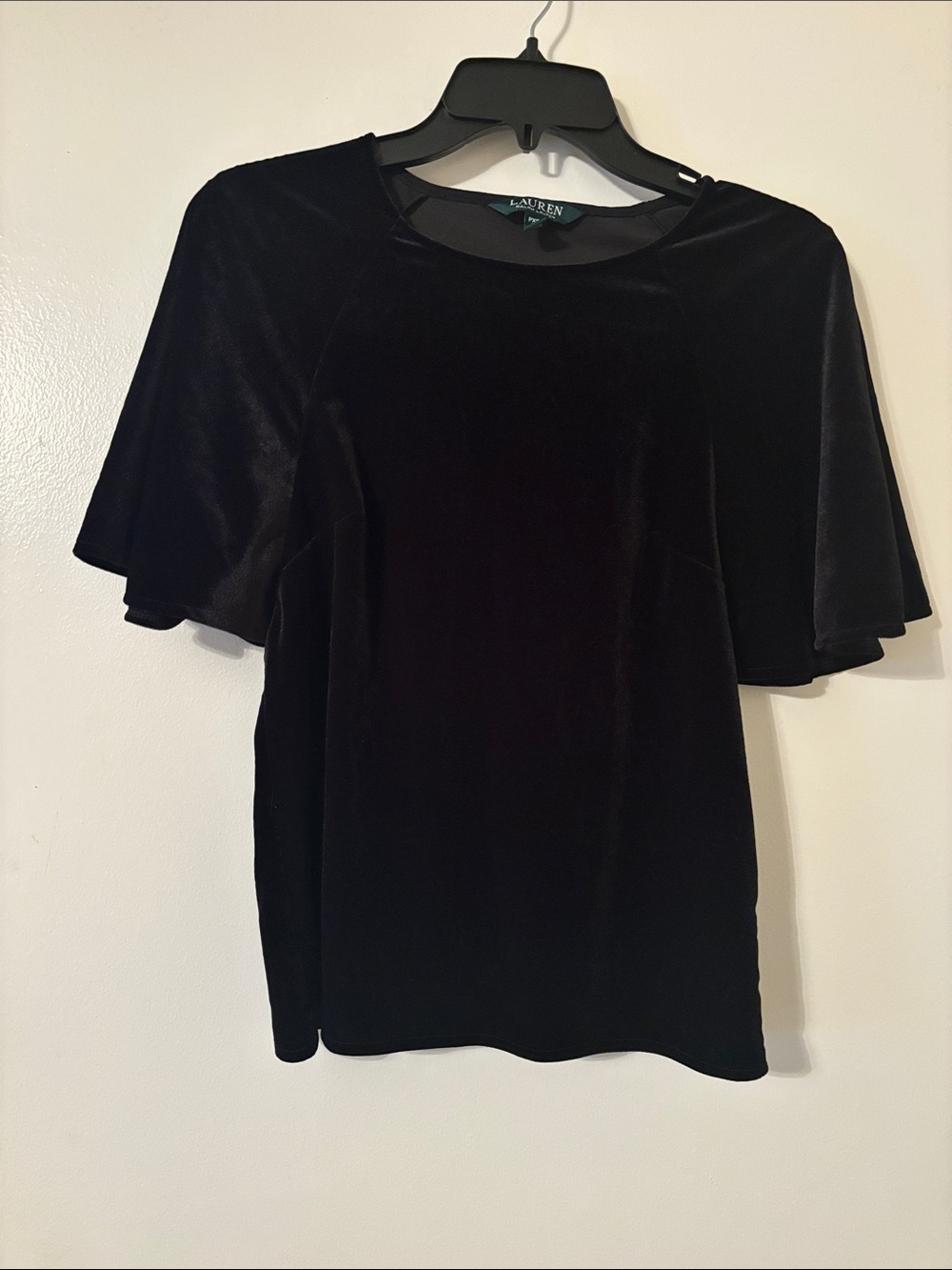 Lauren Ralph Lauren Black Velvet Flutter Sleeve Blouse